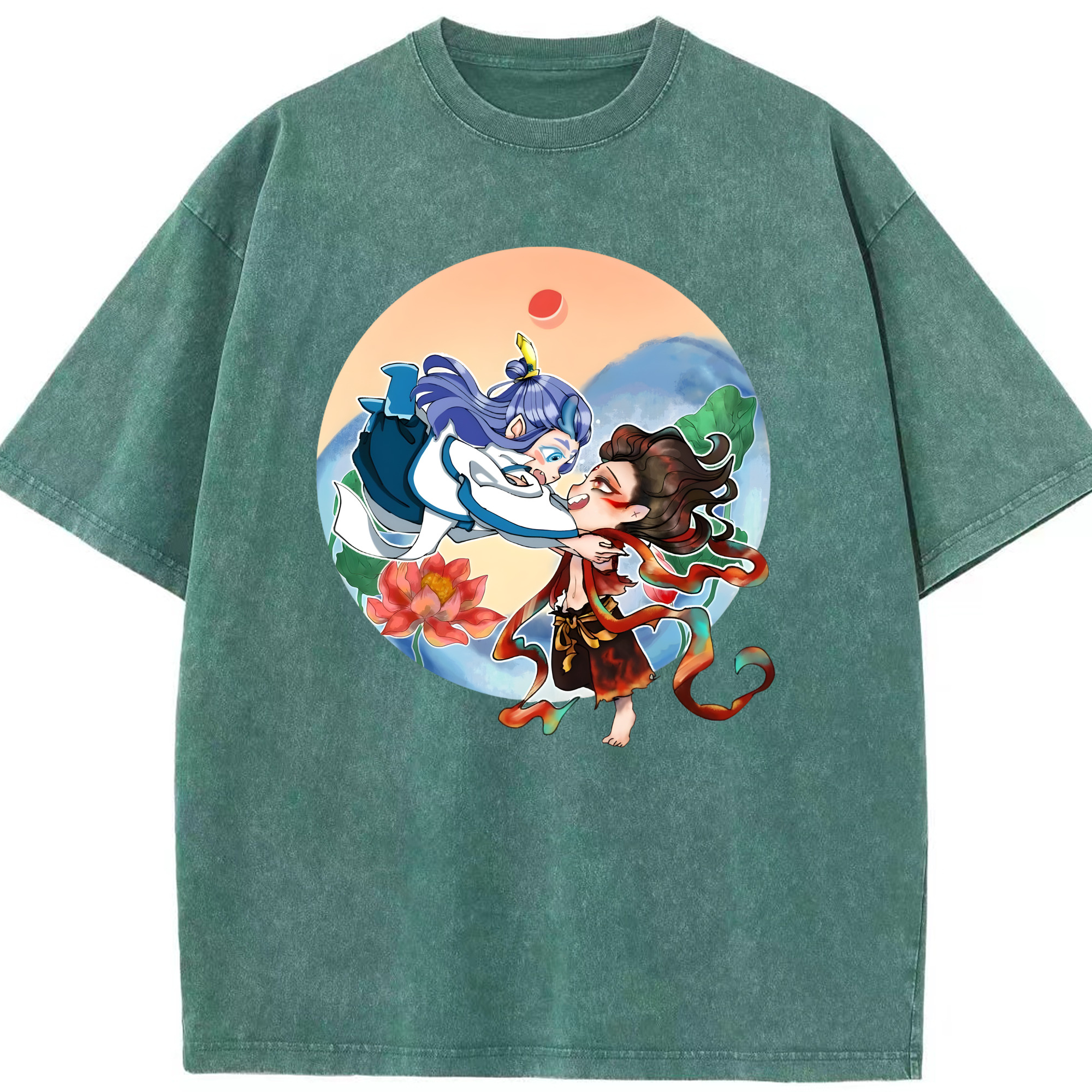 （画像用） Ne Zha 2 ナタ 魔童の大暴れ 綿100% ヴィンテージ風 半袖Tシャツ（フロントプリント）